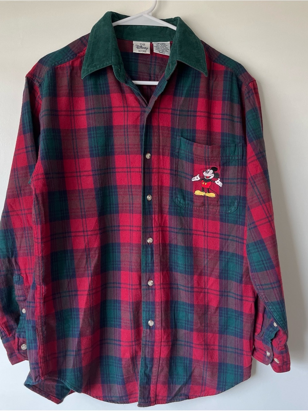 Disney Red and Green Plaid Button-Down Shirt with Mickey Patch